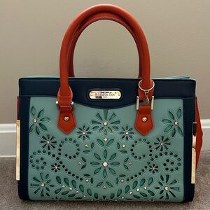 Nicole Lee Green and Orange Satchel Bag with Floral Pattern